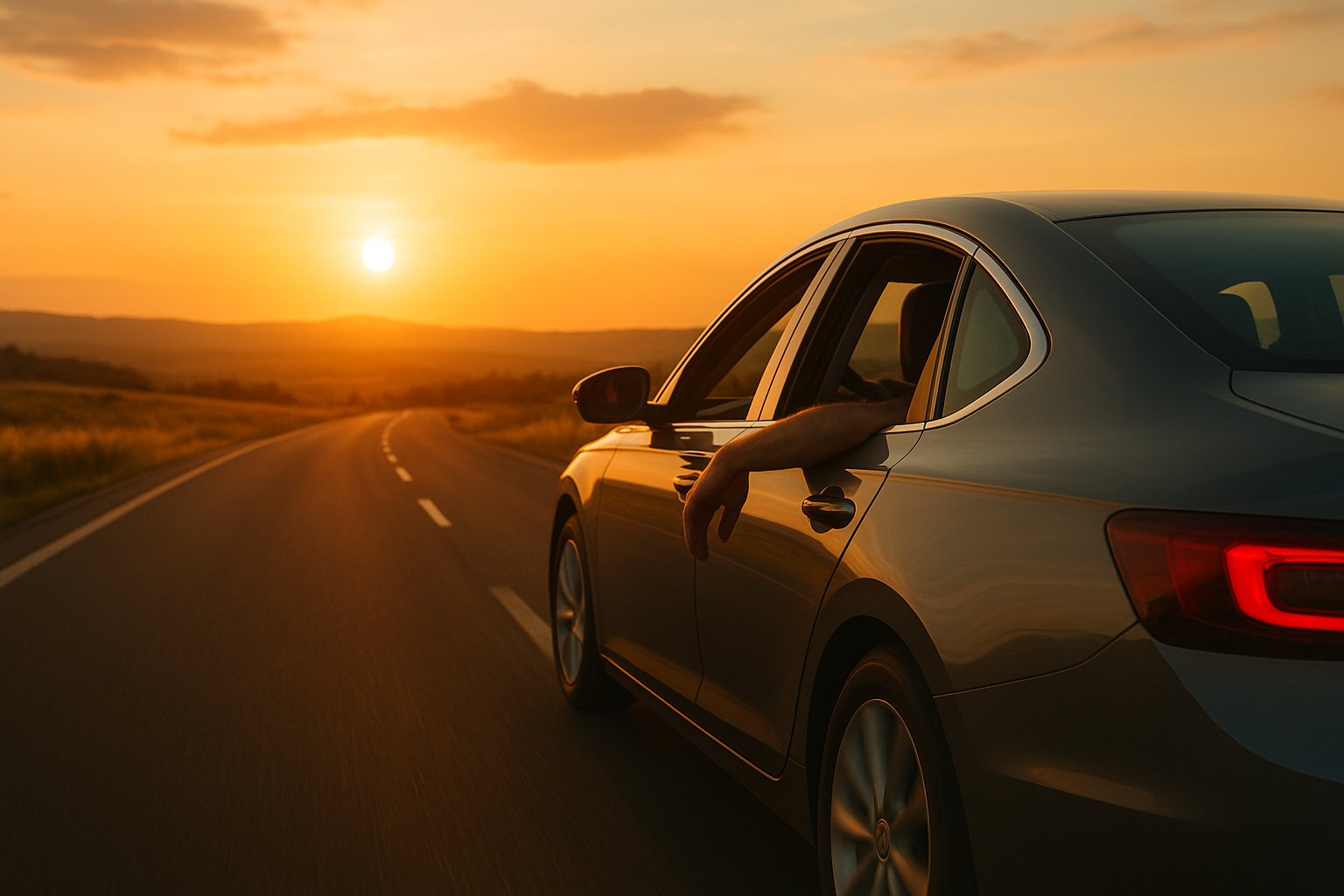 About Us a car driving on a high way at sunset
